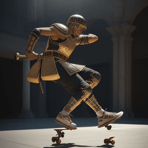 AI generated: a Roman soldier in his battle gear, wearing all star sneakers and doing skateboarding stunts, intric...