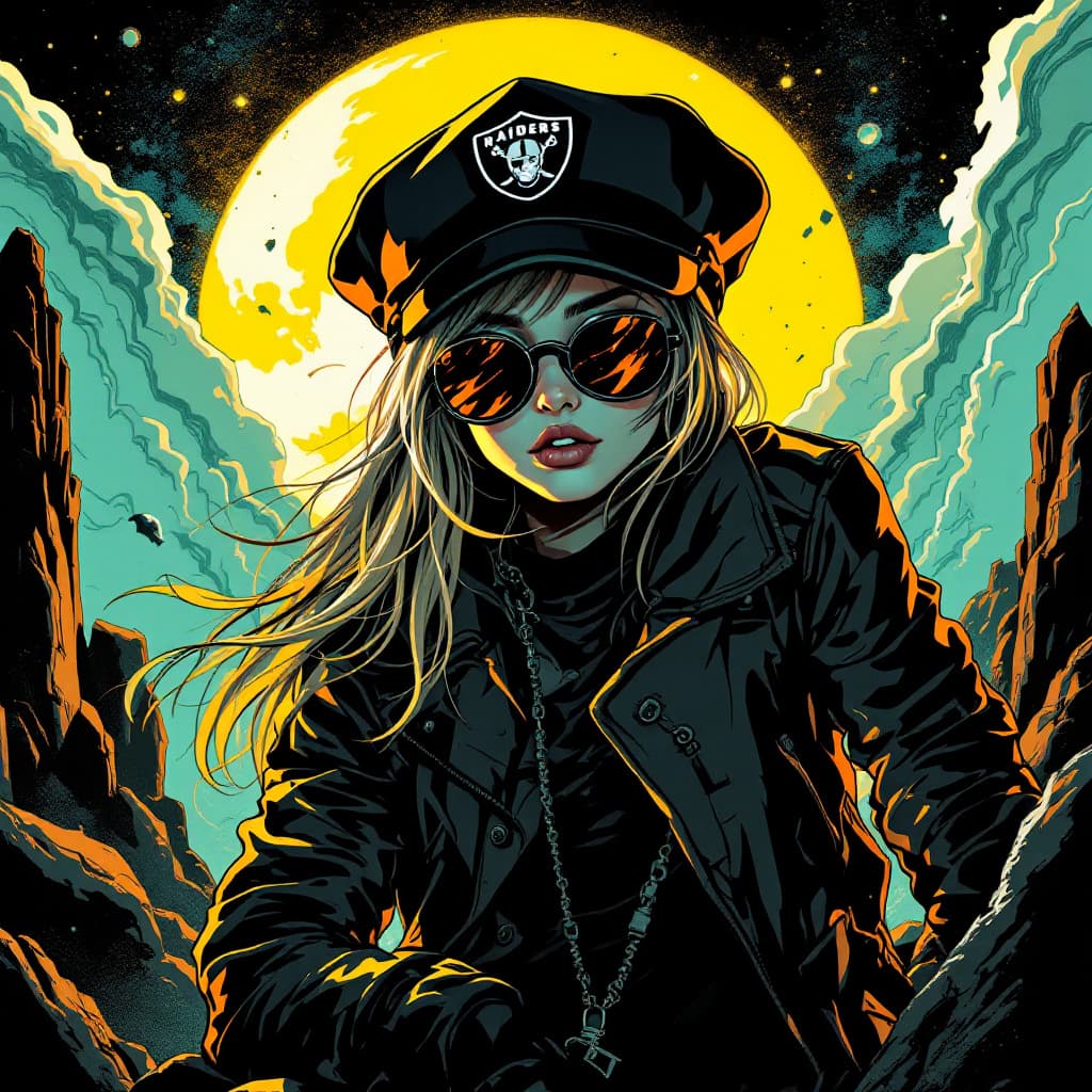 AI generated: a stunning girl wearing black caps and sunglasses,logo Raiders, in the style of otherworldly illustr...