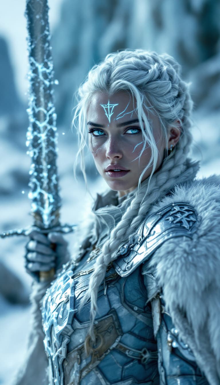 AI generated: A cinematic digital artwork featuring a resilient, female frost warrior in a resolute yet weary, bat...