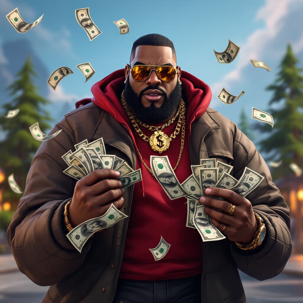 AI generated: dave blunts, a big fat black rapper as fortnite character holding dollars