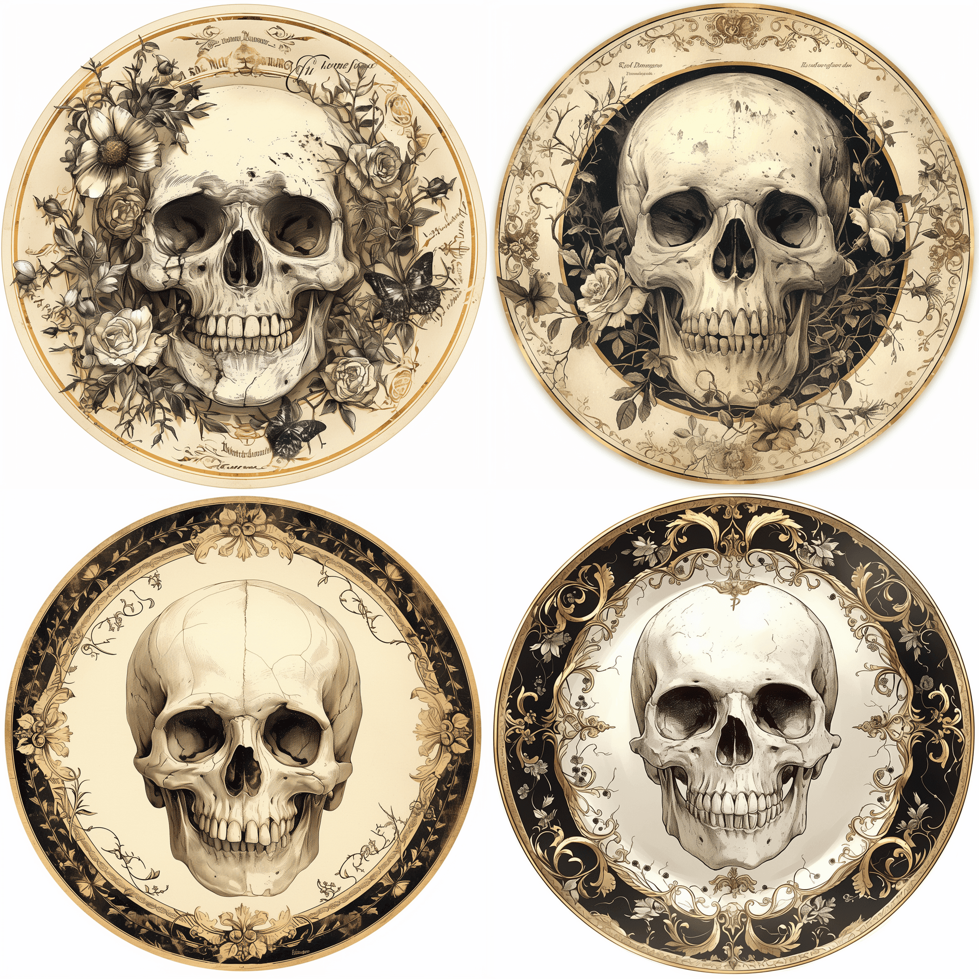 AI generated: round ceramic plate with a white background, a skeleton design in the style of marcel deneuve and st...