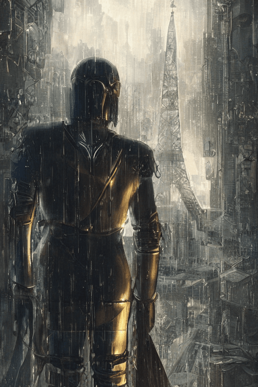 AI generated: knight of cups in the foreground, shining armor, heart shield, tarot card, The Magician I, The Tower...