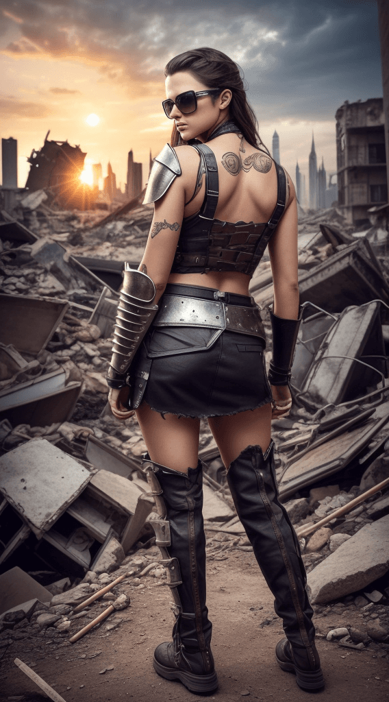 AI generated: Envision a scene from a dystopian future, where the cityscape is ravaged and broken. Amidst the ruin...