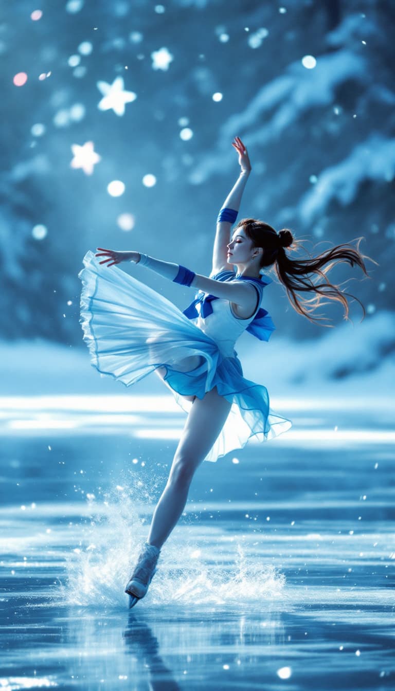 AI generated: Full length shot (FLS) of a beautiful Sailor Moon ice dancing, photorealistic, Hasselblad Camera, 8k...