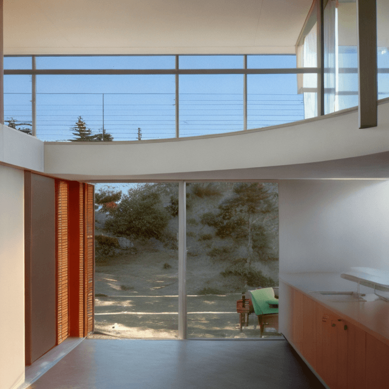 AI generated: Hyper realistic eye level exterior photo of a mid century modern style house overlooking the ocean, ...