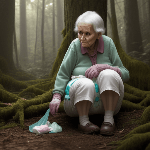 AI generated: old woman using diapers in a forest