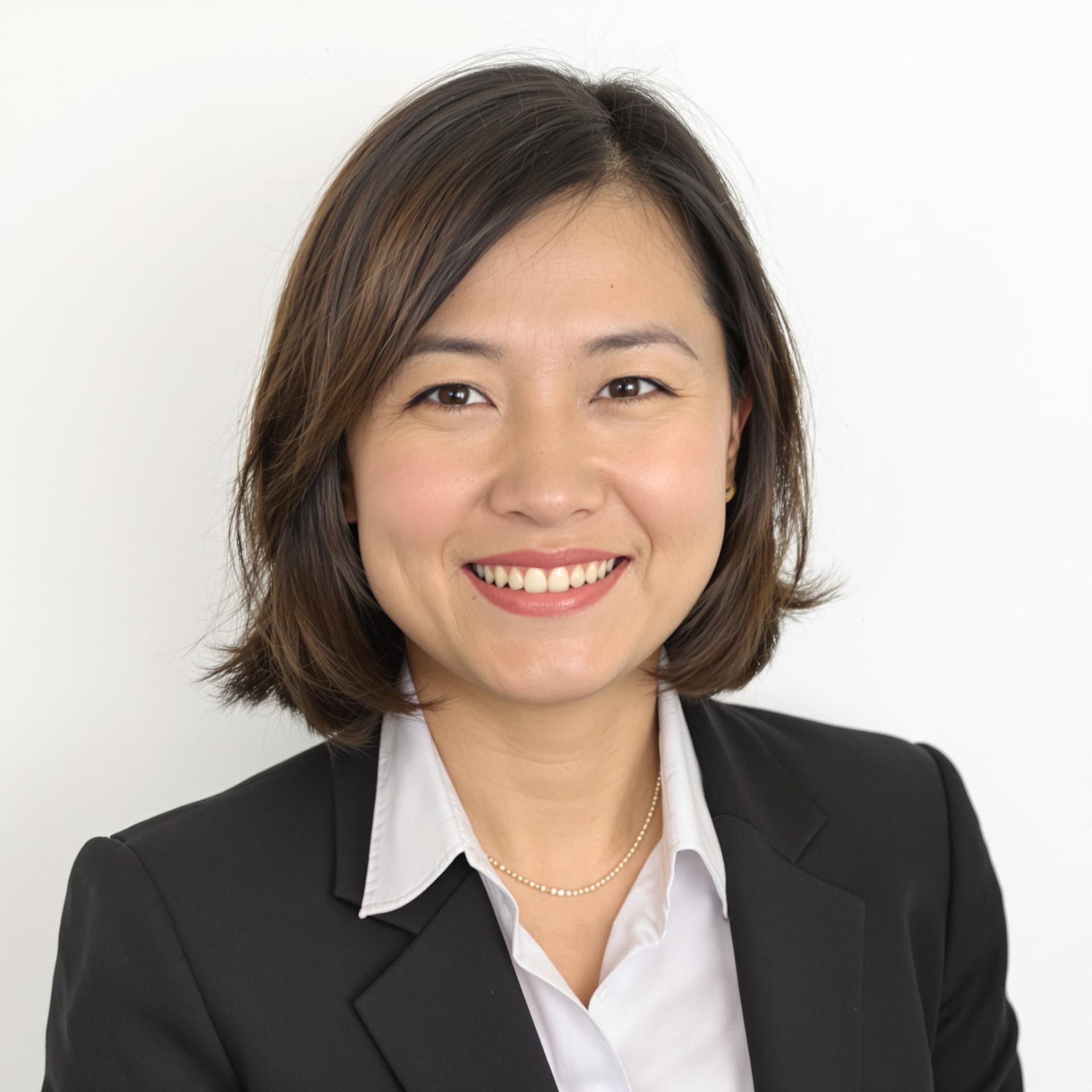 AI generated: a professional photograph of asian woman in business professional attire, white wall