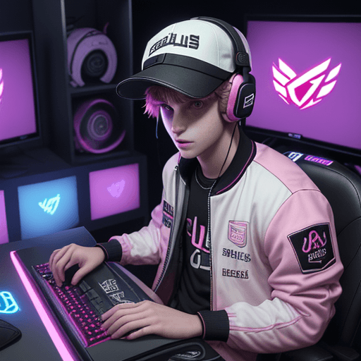 AI generated: Only one 20-year-old boy, dans un bureau de jeu asus , Chapeau casquette de baseball logo argent ASU...