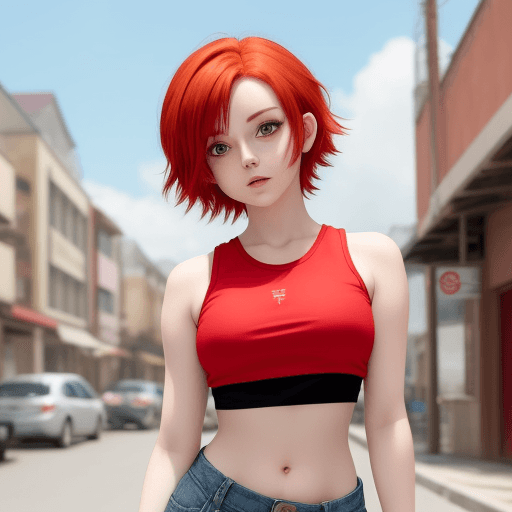AI generated: cute anime girl short red hair in crop top