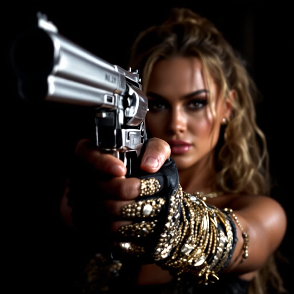 AI generated: Carmen Electra holding a Silver  revolver, Thumbs up, Maximum  depth of Field.
