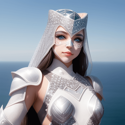 AI generated: female fingernail, sequins on the face, diamond skin, mesh skin, cute face, white armor, pose, thin ...