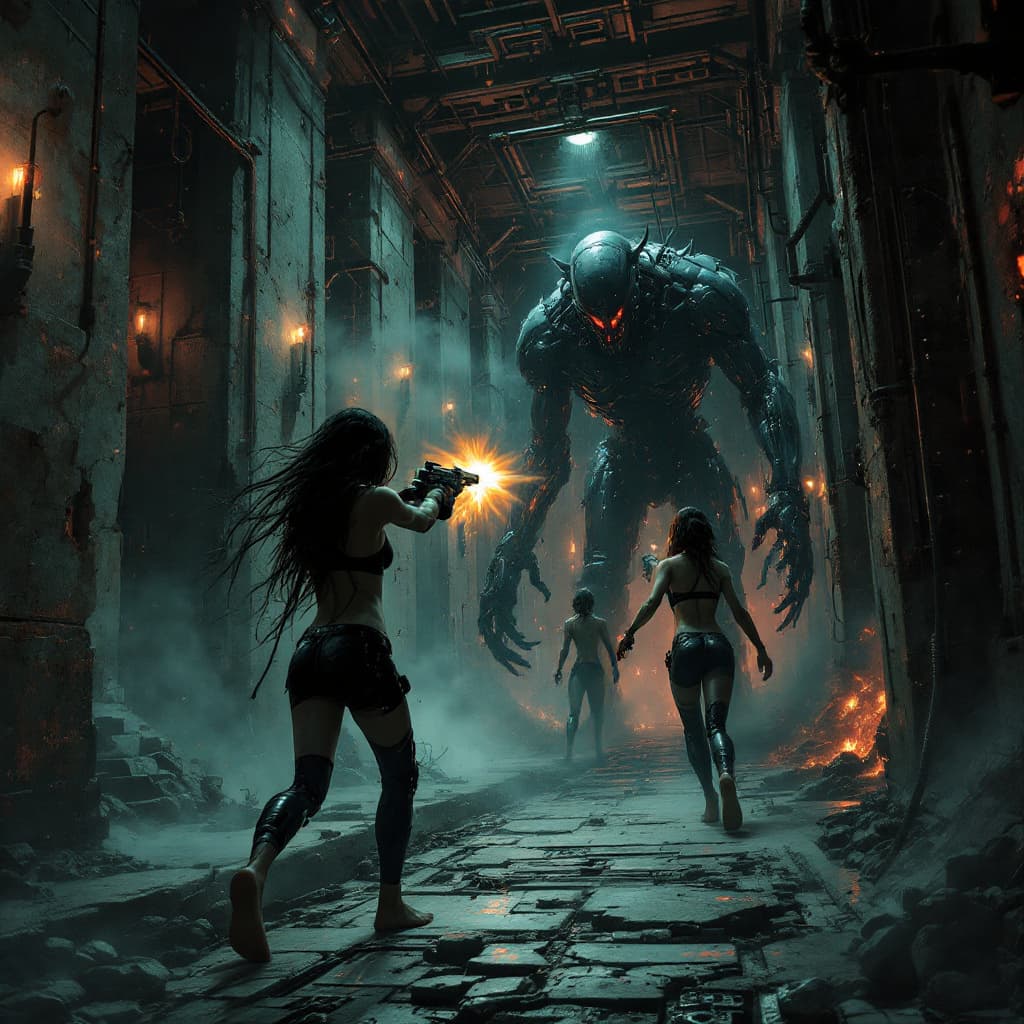 AI generated: The building is a maze of death, full of traps and monsters. Two girls, black bra, leather black pan...