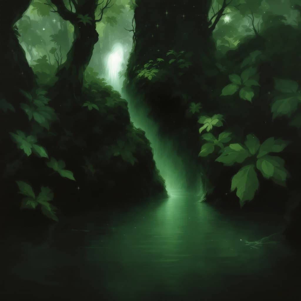 AI generated: This enigmatic painting captures a ghostly, ethereal figure emerging from a tranquil pond in a lush,...