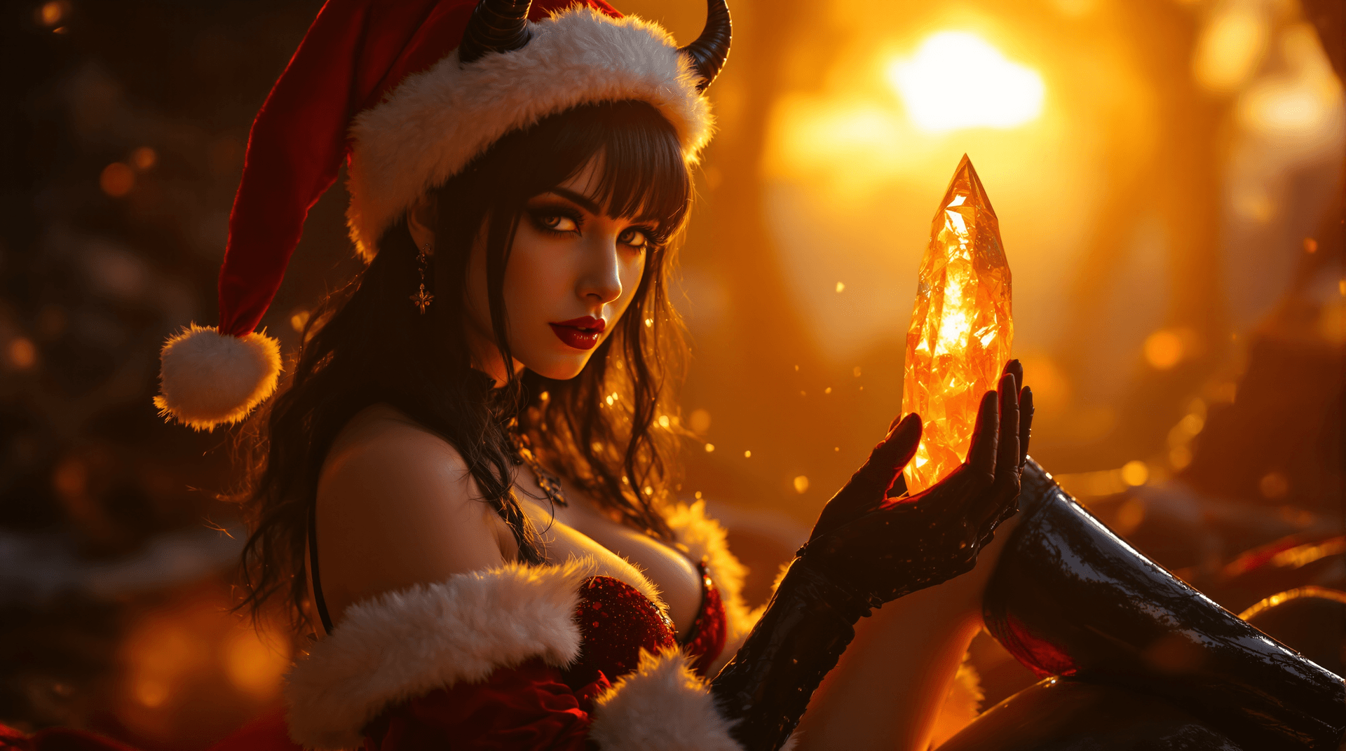 AI generated: photo of a female  bathed in a warm, golden glow reminiscent of a sunset over a mystical realm. She ...