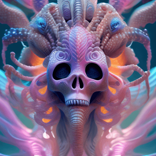 AI generated: Goddess close-up portrait ribcagel. jellyfish phoenix head, nautilus, orchid, skull, betta fish, bio...