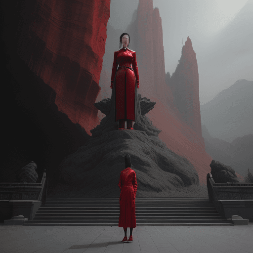 AI generated: the woman stands in front of a giant statue, in the style of cinematic sets, fenghua zhong, alessio ...