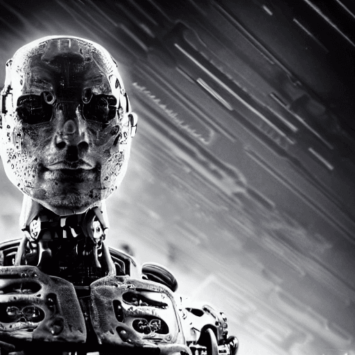 AI generated: human face, half-mechanical cyborg male warrior, looking at camera, dark lighting, sci-fi, hollywood...