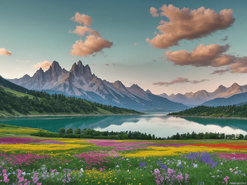 AI generated: a serene and enchanting scene of a field of vibrant flowers, with a majestic lake and towering mount...
