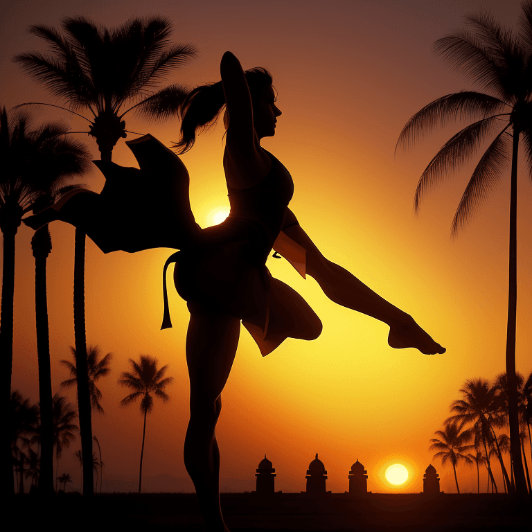 AI generated: A silhouetted beautiful 30 yo woman performing a high Taekwondo kick against a vibrant sunset, with ...