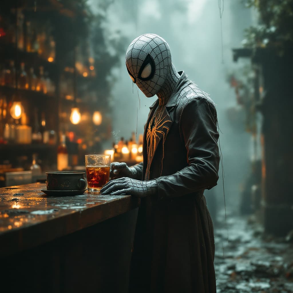 AI generated: lonley spiderman, costume scetchy, mold humid, drinking bar, , scotch