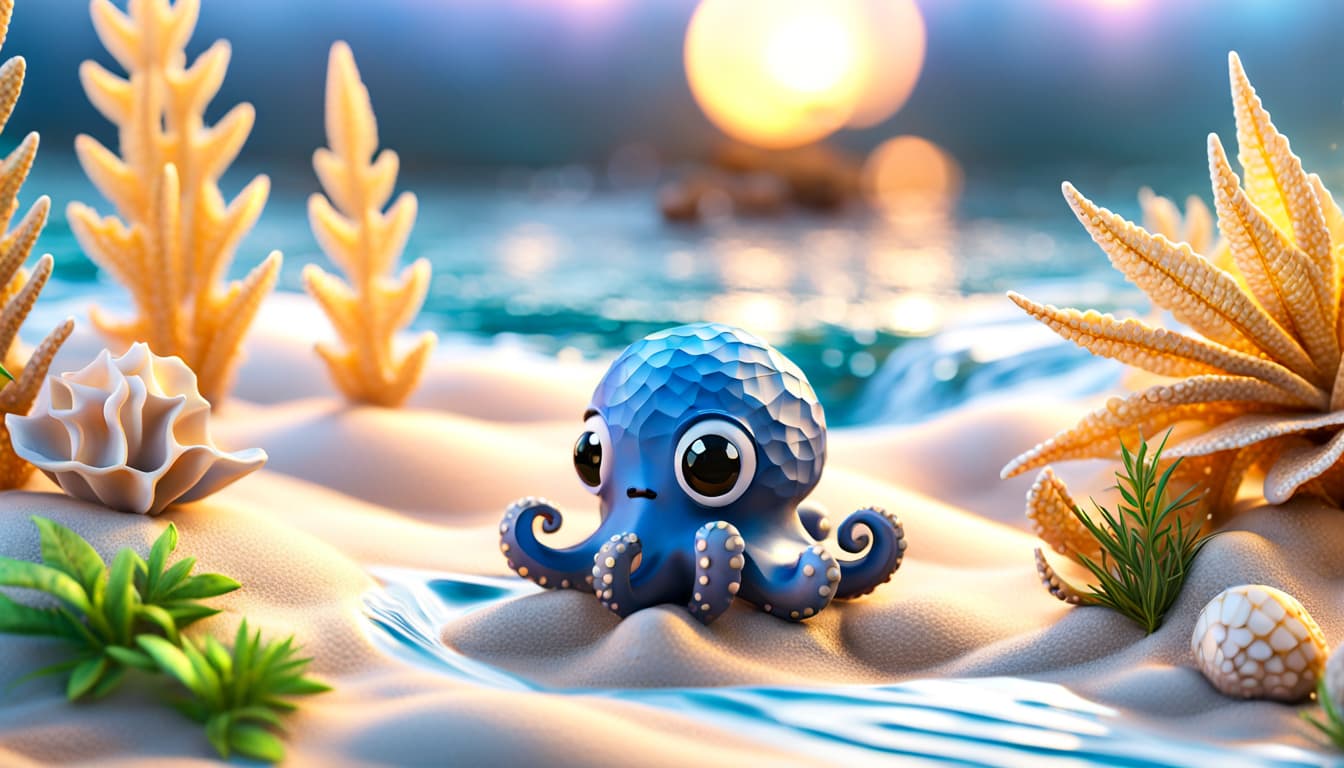 AI generated: insanely detailed 3d render, Cute octopus , floating on sea stormy waves and huge low poly rock and ...
