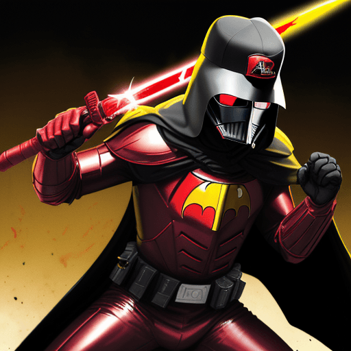 AI generated: a Blackman, with a red baseball cap backwards, sunglasses, in a red metallic dark knight armour suit...