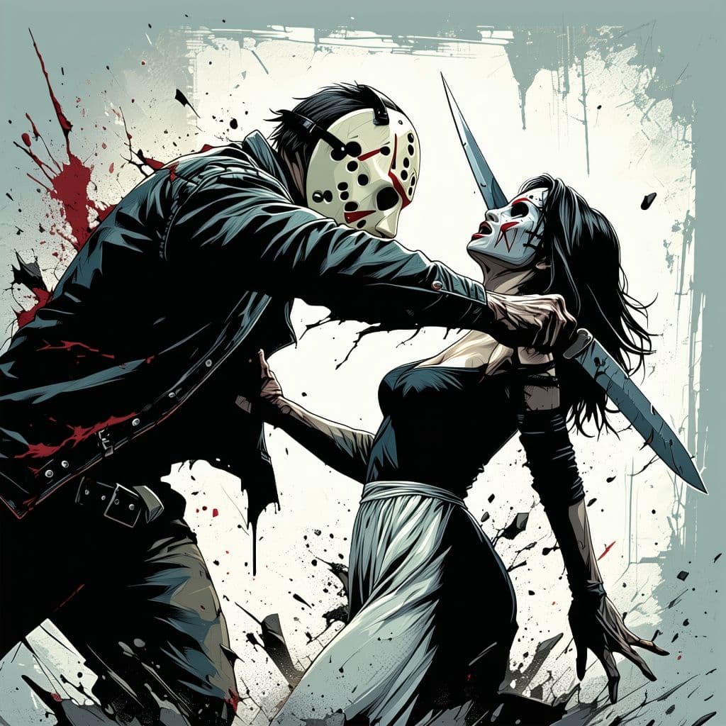 AI generated: Jason character from the horror movie attacking a woman with a knife, dynamic pose, 2d drawing style...