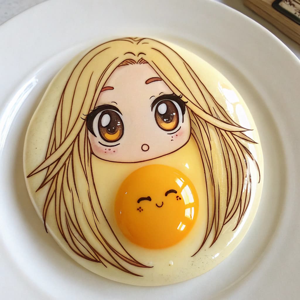AI generated: An egg yolk with long hair and a face done in a japanese anime-style