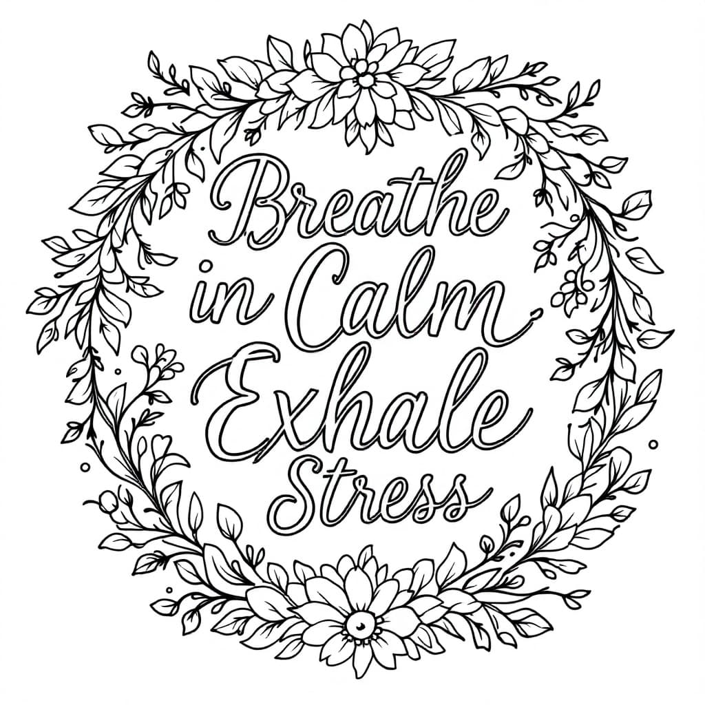 AI generated: Blank, simple illustration "The phrase 'Breathe in Calm, Exhale Stress' in elegant cursive font, sur...