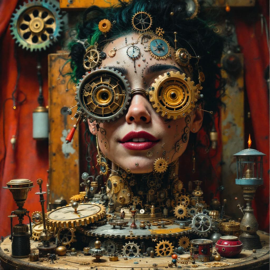 AI generated: A playful clockwork artificer, with multi-colored hair, and a dress adorned with shifting gears that...