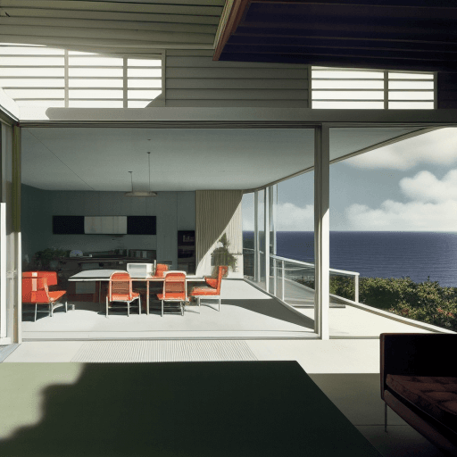 AI generated: Hyper realistic eye level exterior photo of a mid century modern style house overlooking the ocean, ...