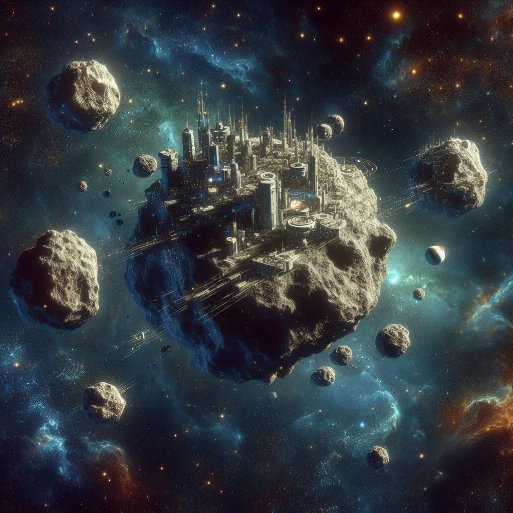 AI generated: A few different sized and shaped asteroids in deep space, asteroids bearing futuristic tech building...