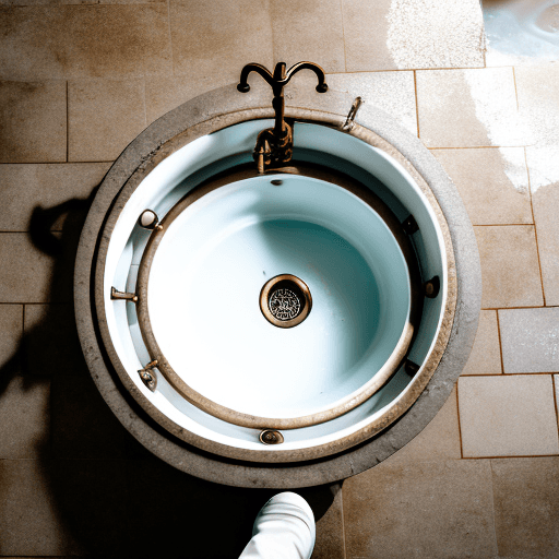 AI generated: view from above of water in a white enamel sink draining through a old bronze plughole