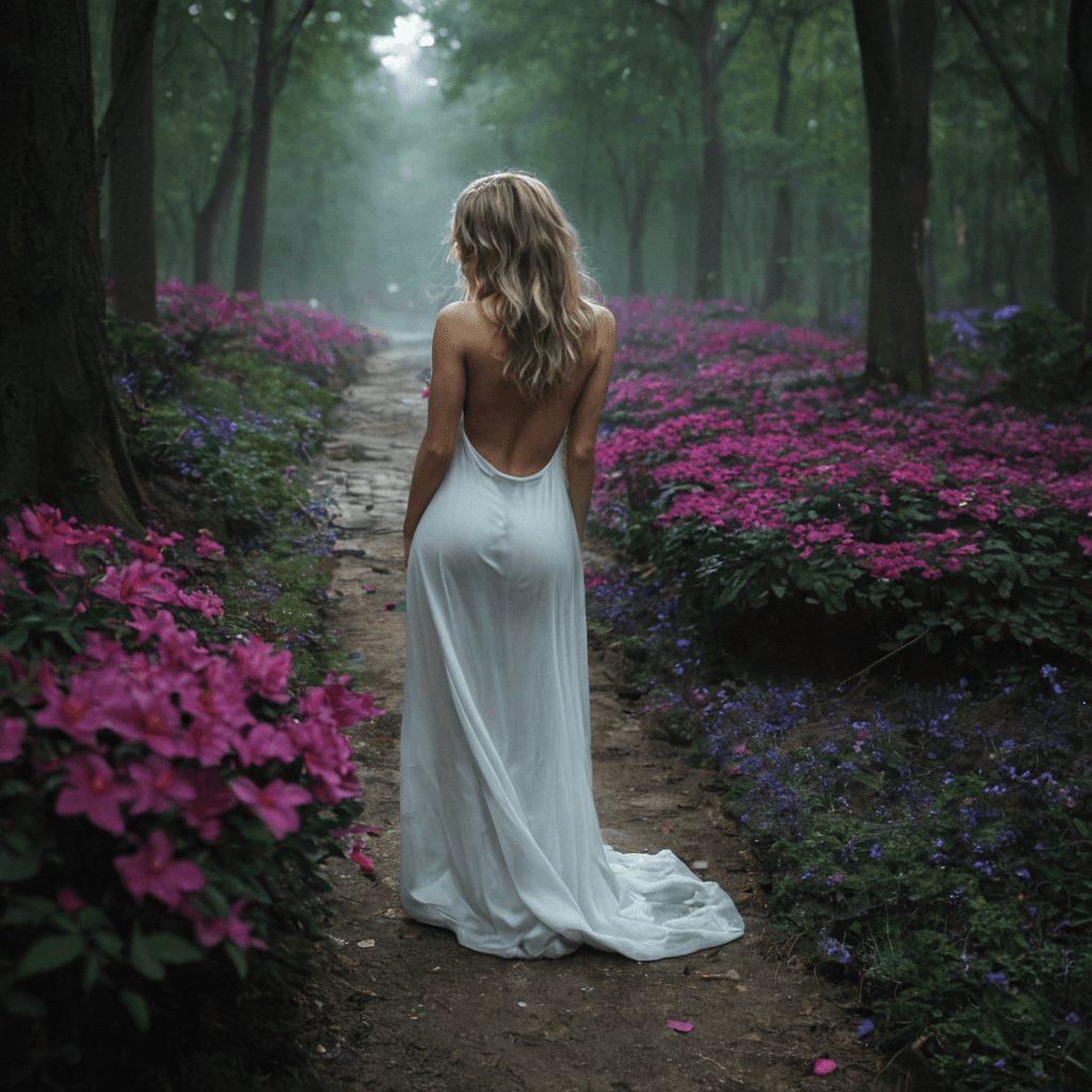 AI generated: Her back to the camera, standing in front an old stone wall, (overgrown:1.1) with (purple:1.1) and (...