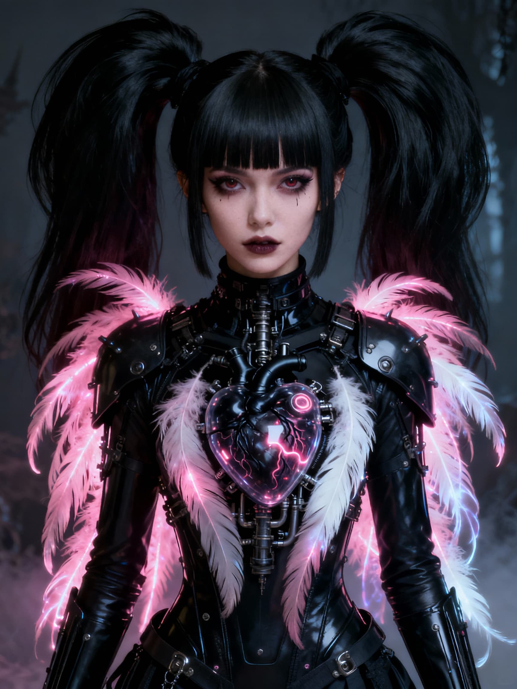 AI generated:  gothic punk romance style,most beautiful modern goth witch,massive  ponytails and straight cut bang...