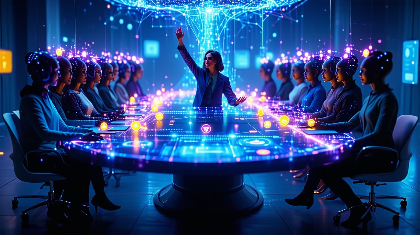 AI generated: /imagine prompt: Floating digital roundtable in cyberspace, 12 avatar participants with real-time em...