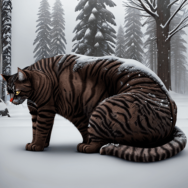 AI generated: side view of a nice, wise, gloomy,  giant,  brown very old cat resting  in a winter prehistoric fore...