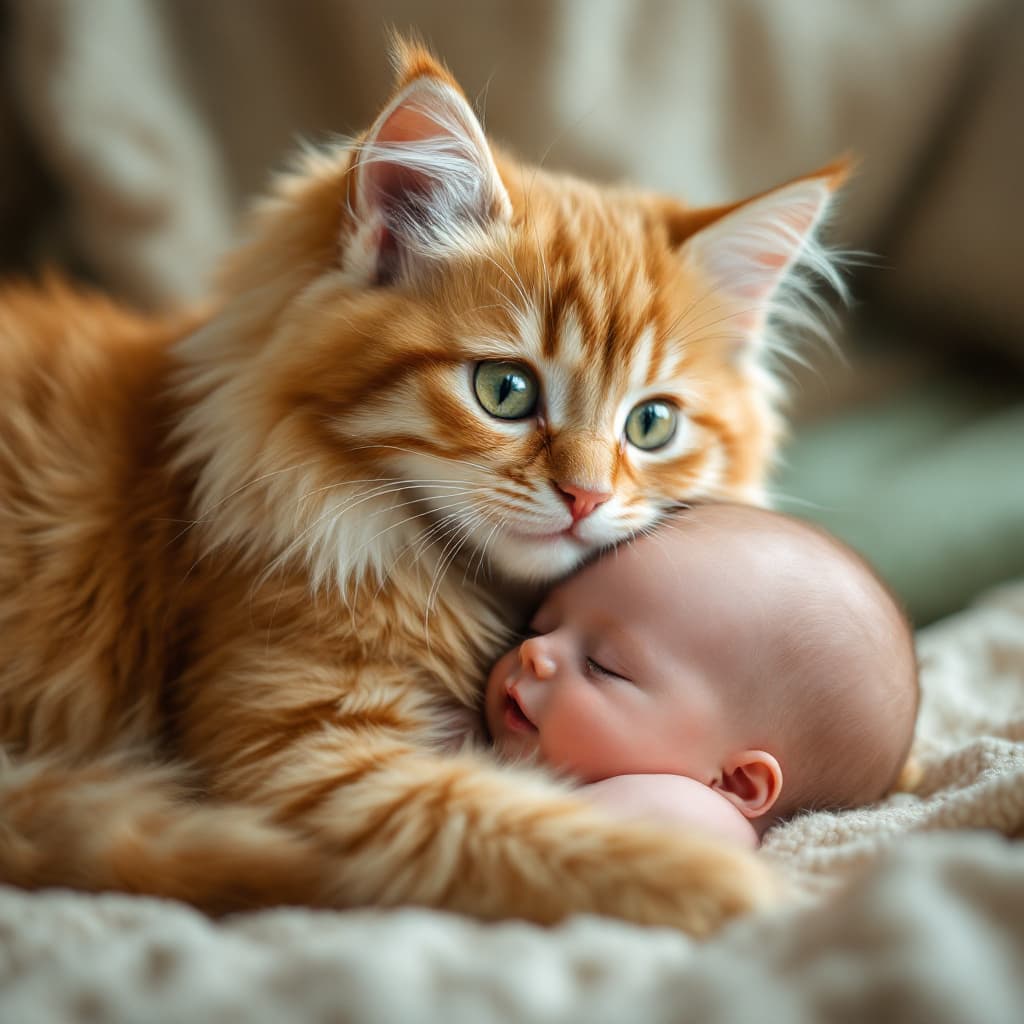 AI generated: masterpiece, delicate, best quality, beautiful, fine, photorealistic, fluffy, orange tabby cat with ...