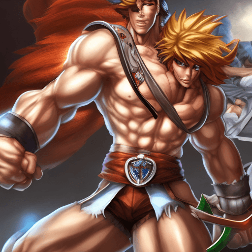 AI generated: hero from a computer fighting game with brown hair weapons in hand only a separate hero