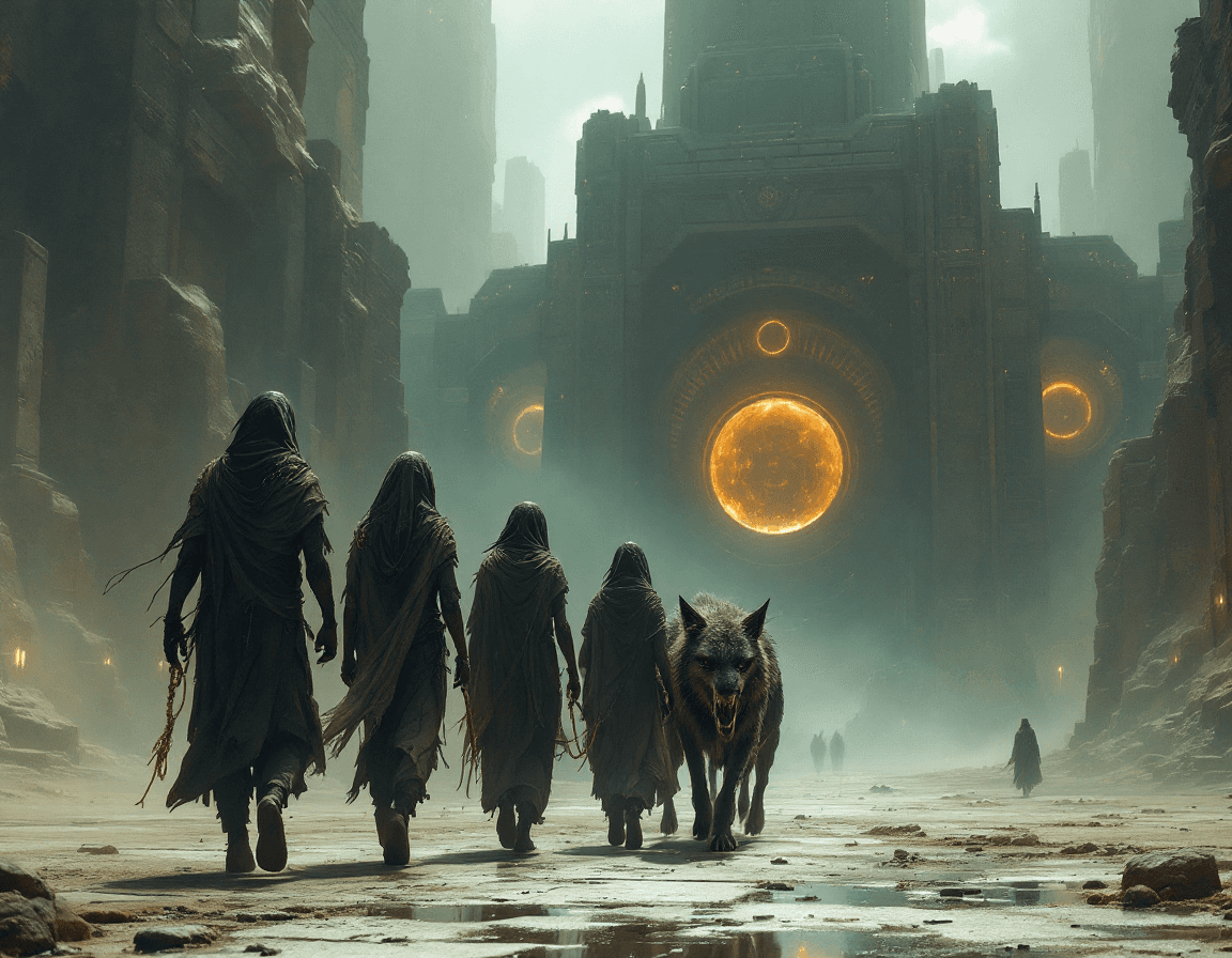 AI generated: /Artprompt Sci-fi, create a dystopian futuristic scene depicting (a group of strange mystical beings...