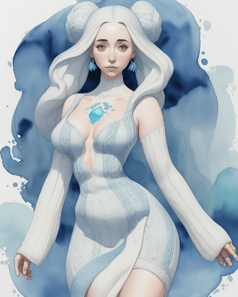 AI generated: Watercolor painting on parchment, a woman wearing large knitted dress, ((Courtney Ford)), wide hips,...