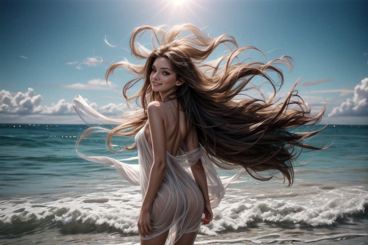 AI generated: (zoomed:1.2) out image of a (sexy:0.8) (20) year old (woman:1.1) on the beach, classy pose with (bac...