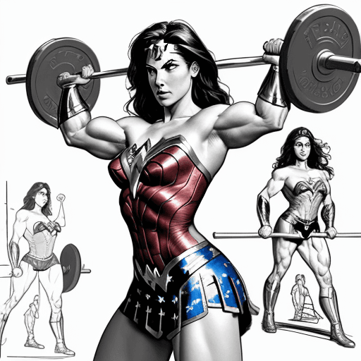 AI generated: reference art sketch of a wonder woman lifting barbell, gym, art reference sketch, pose reference, s...
