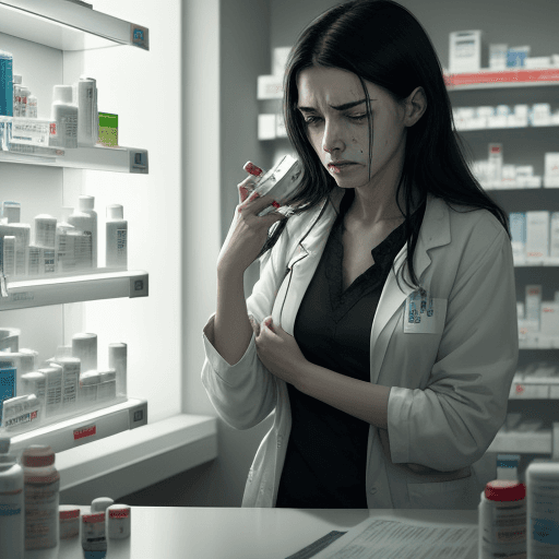 AI generated: A patient present in the pharmacy, near the counter, surrounded by many pills, an emotional scene wi...