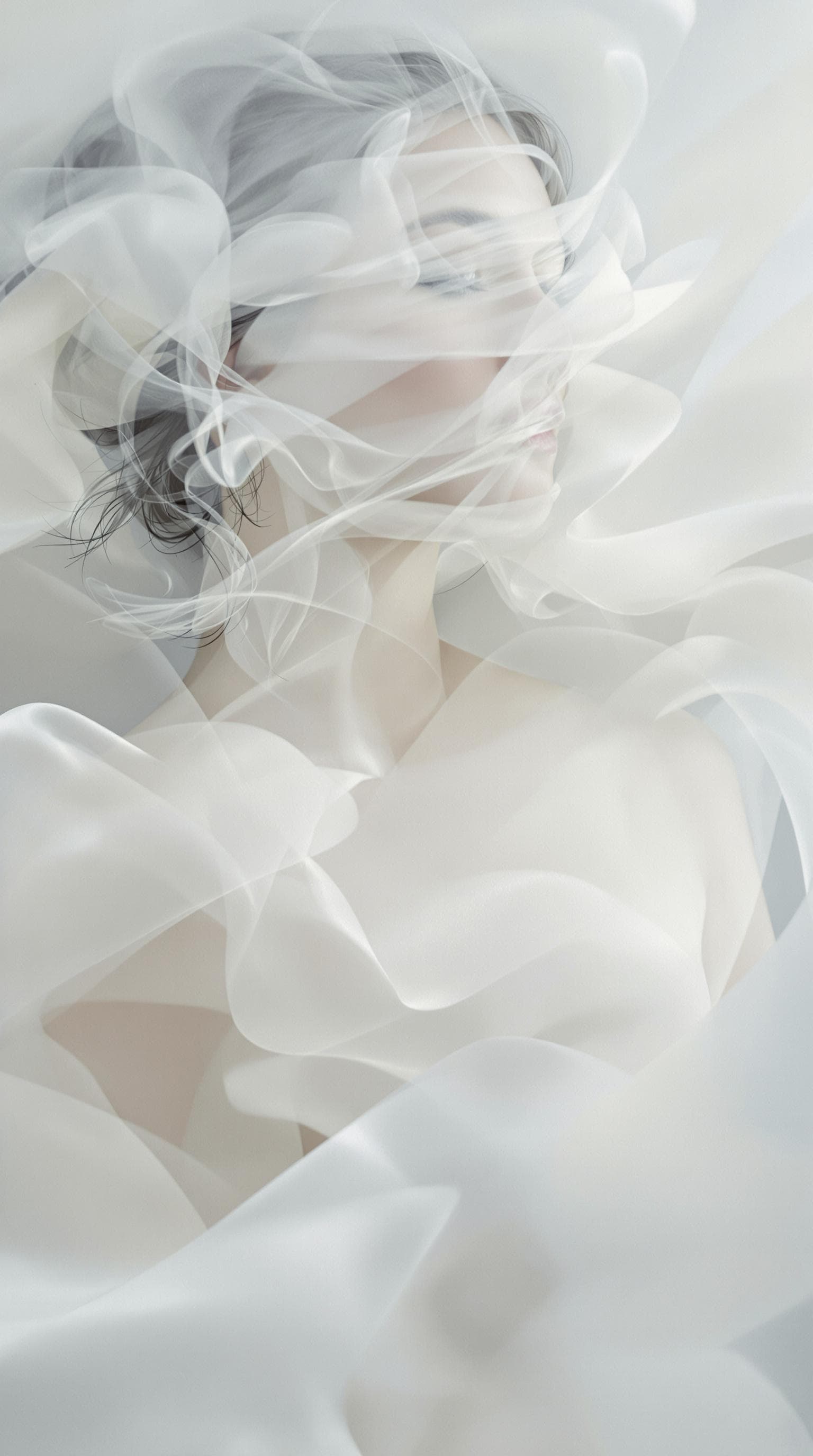 AI generated: "Fine art photograph. Refined, features, graceful and elegant, amidst swirling mist. Crisp white sil...