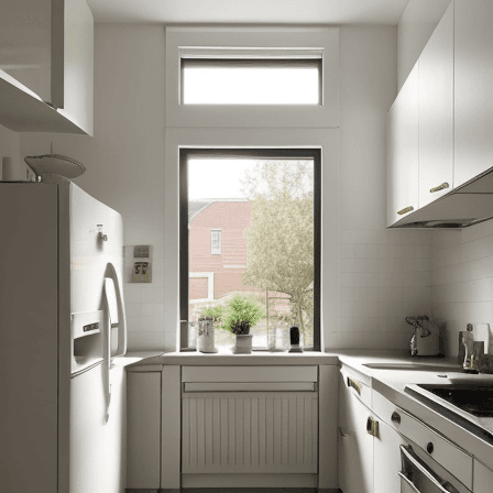 AI generated: Magazine style photo, looking towards a sink under a window, photorealistic, realistic light, wide a...