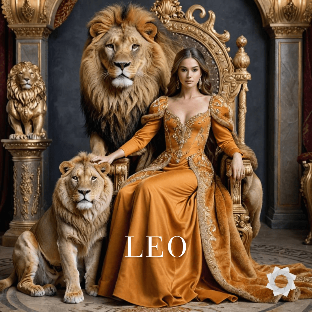 AI generated: full length portrait of a woman in a royal fur golden-orange gown representing Leo zodiac sign, ultr...