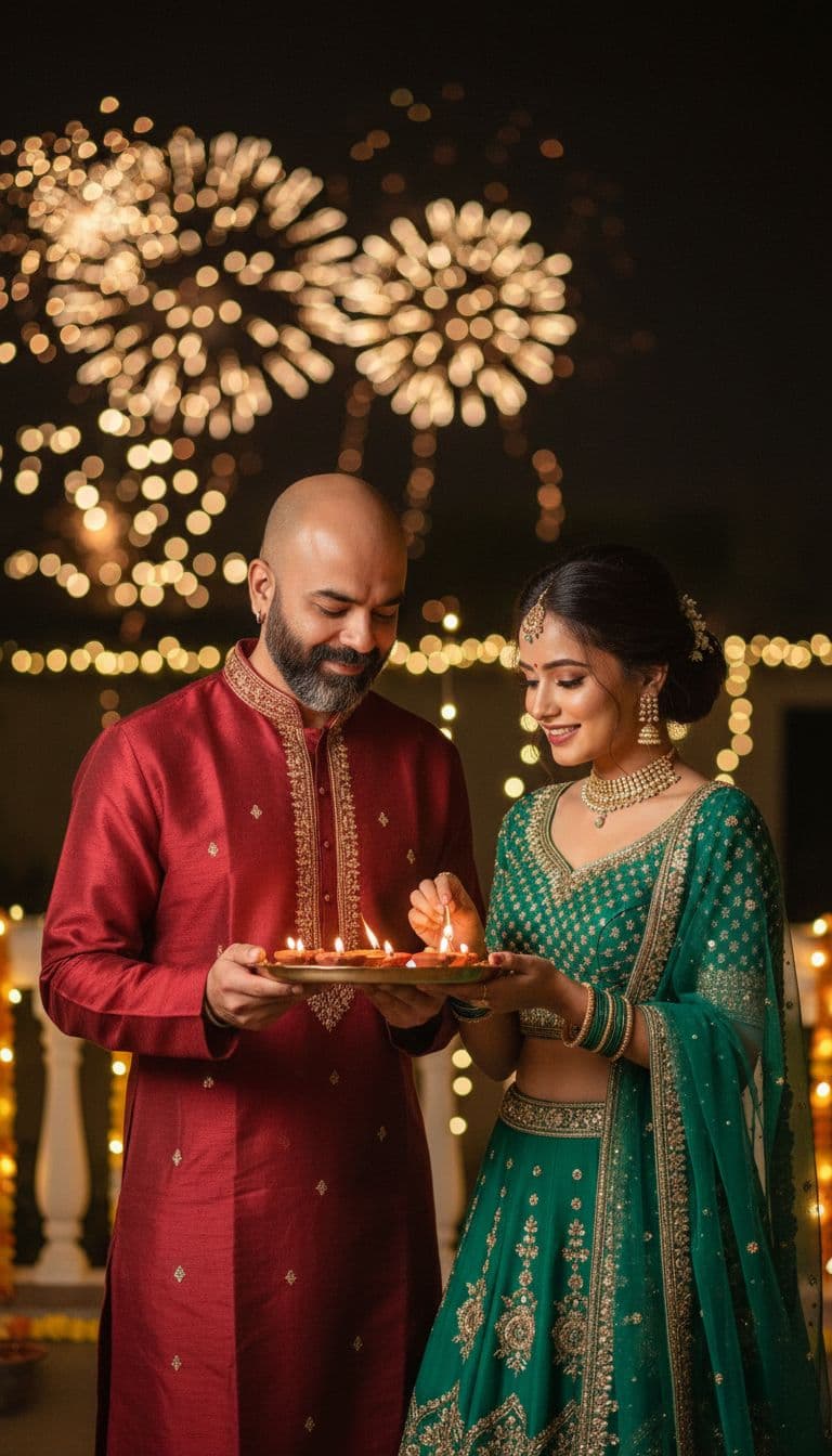 AI generated: Ultra-realistic 8k hyper-detailed vibrant Diwali half-body couple portrait. Beautifully decorated In...