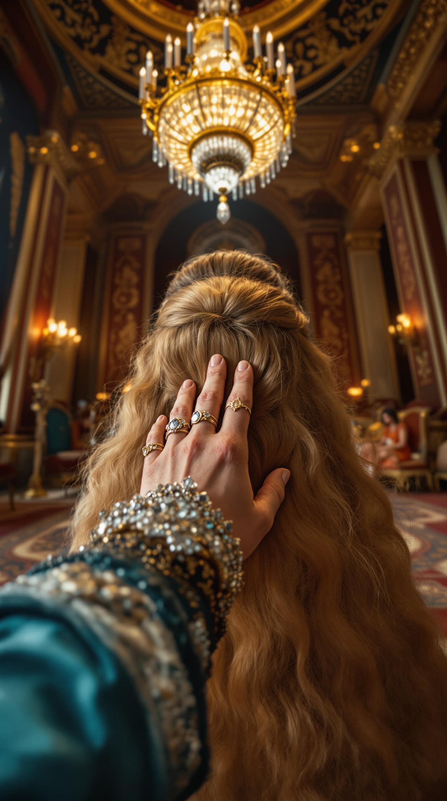 AI generated: First person POV, the Sultan’s hand gently rests on the golden strands of a cariye’s hair, his rings...