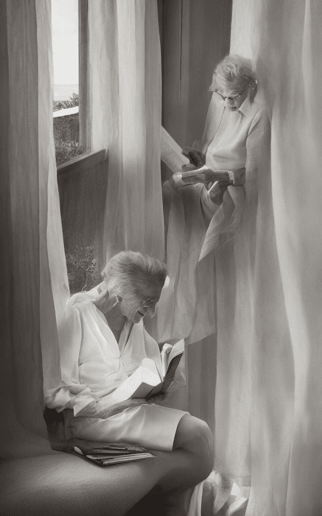 AI generated: : gorgeous HAPPY OLD Swiss WOMAN sitting by window READING A BOOK, wearing white DRESS, soft lips, b...